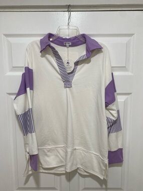 Striped Collar Pullover Top in White and Lavender